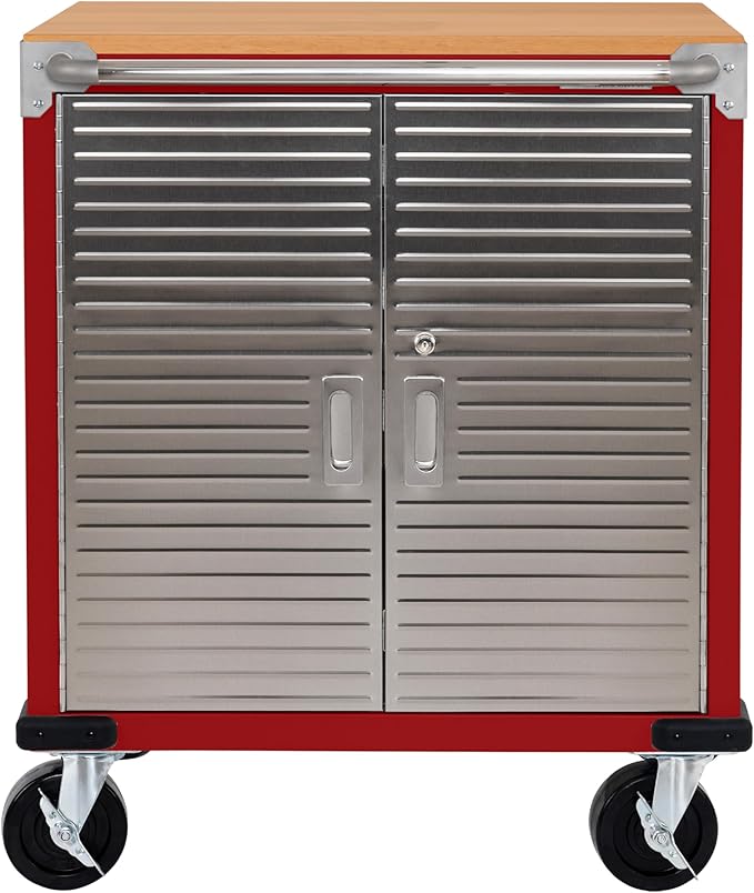 Seville Classics UltraHD Heavy Duty Rolling Cabinet Workbench Table w/Solid Wood Top, Workstation for Garage, Office, Workshop, Red, 2-Door (28" W x 18" D)