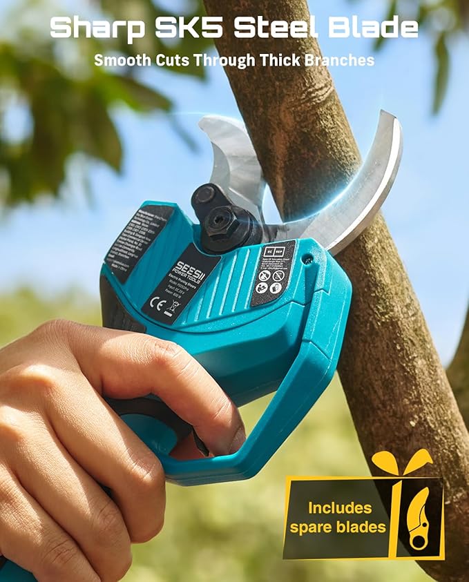 SEESII Electric Pruning Shears Cordless: 2.2" Cutting Diameter Power Cordless Pruner, 2*4000mAh Batteries, Brushless Motor, Extra SK5 Blade, 4 Modes Adjustable Garden Shears for Tree Flower Trimming