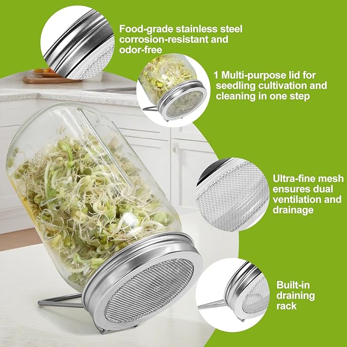 Sprouting Lids 2Pack Sprouting Lids for Wide Mouth Mason Jars with Stainless Steel Sprouter Lids & Stand for Broccoli, Alfalfa, Mung Bean Plant Germination Kits