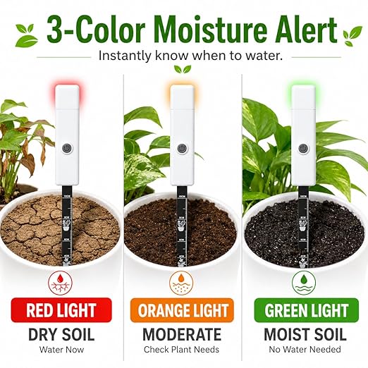 Soil Moisture Meter for Indoor Plants, Plant Moisture Meter with 3-Color Light Indicator, Soil Tester Probe for Houseplants, Succulents, Garden, Outdoor Potted Plants, One-Button Soil Moisture Sensor