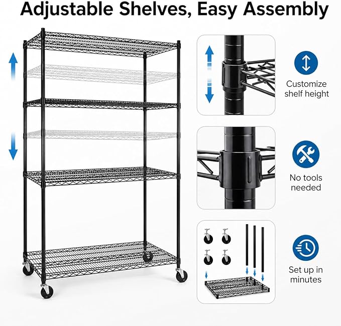 Simple Deluxe 4-Tier Heavy Duty Adjustable Storage Shelf with Wheels, 23.23”W x 17.63”D x 47.24”H, Wide Mobile Metal Shelving Unit, Easy Assembly for Living Room, Office,Black