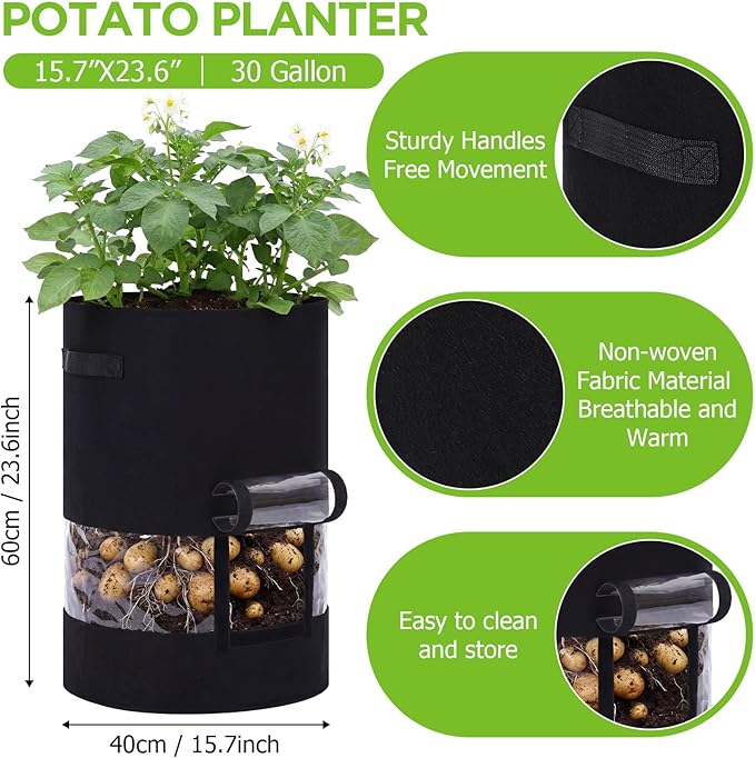 Baderke 2 Pack Visible Potato Grow Bags with Harvest Window, 360 Visibility Plant Grow Bags with Handles for Planting Potatoes, Tomatoes and Vegetables (30 Gallon,Black)