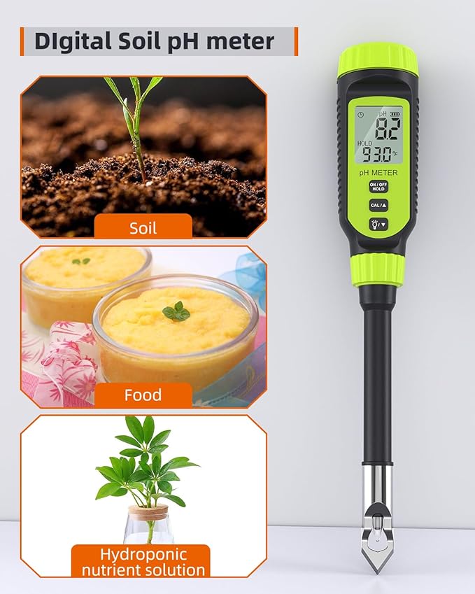 Soil pH Meter, Tadeto Digital Soil Tester with Sensitive Probe and LCD, Zinc Alloy Protective Tip Soil pH Test Kit for Garden, Gardening, Lawns, Plant, Water and Food (Includes Battery x2)