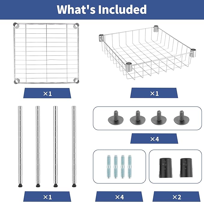 Simple Deluxe 2-Tier Shelving Unit, 15" W x 13.8" D x 15" H Wire Metal Stackable Storage with Basket, Chrome, 2 Pack