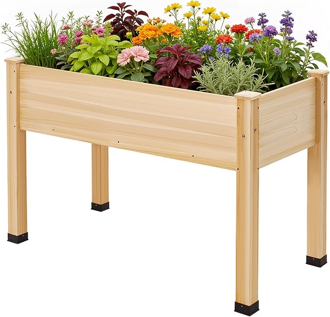 AMERLIFE Raised Garden Bed, 48x30x24 Inches Elevated Wood Planter Box with Bed Liner, Legs, Divider, Drainage Holes, Stand for Backyard, Patio, 200 Lb Capacity - Light Wood