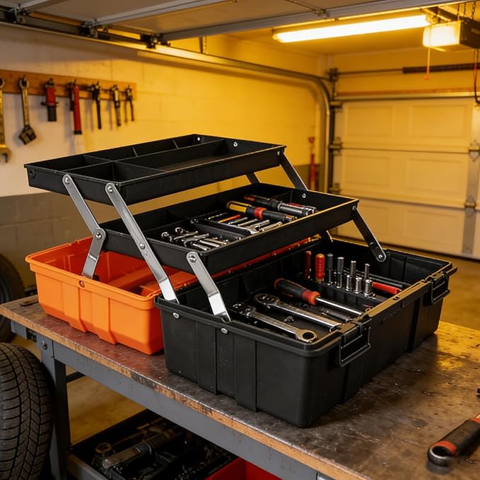 Jack Boss 17 Inch 3-Tier Portable Plastic Tool Box – Multi-Function Organizer, Black/Orange
