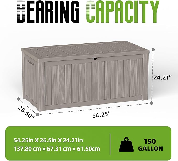 150 Gallon Outdoor Storage Deck Box Waterproof Resin Lockable Outside Bench Porch Patio Furniture Pool Float Garden Tool Cushion UV Resistant Bin Beige