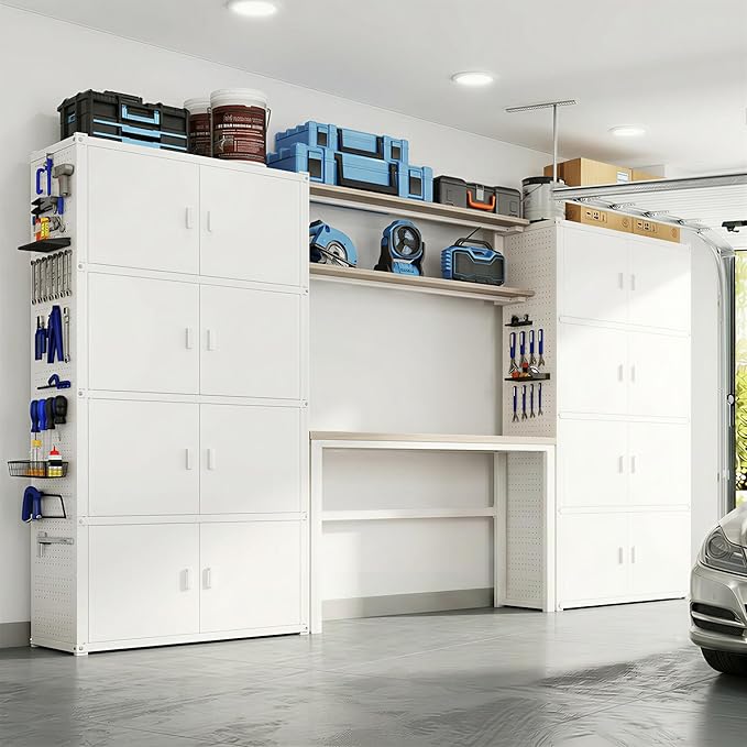 FLEXIMOUNTS Modular Garage Storage Cabinet System, All-in-One Garage Cabinet Set with Workbench & Pegboard, Full 8-Door Enclosed Heavy Duty Steel Tool Organization System, White, FLEXIMOD Series