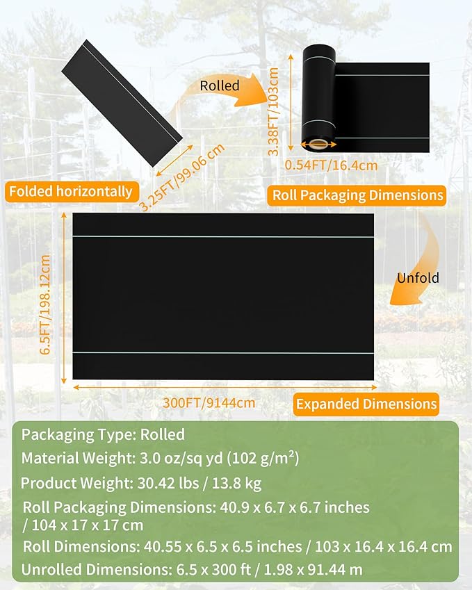 6.5ftx300ft Weed Barrier Landscape Fabric Heavy Duty, Premium 3OZ Garden Geotextile Fabric, Outdoor Weed Blocker Landscaping Fabric, for Driveway Mats, Erosion Control, Ground Cover Weed Barrier