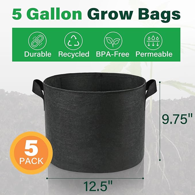 LotFancy 5 Pack 5 Gallon Grow Bags, 300G Thickened Nonwoven Fabric Pots with Reinforced Handles, Heavy Duty Aeration Planter Bags for Vegetables Flowers Fruits, Black