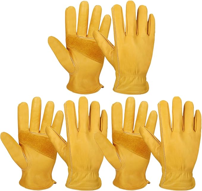 3 Pairs Leather Work Gloves for Men, Durable Gardening Gloves, Cowhide Work Gloves for Driver, DIY, Construction