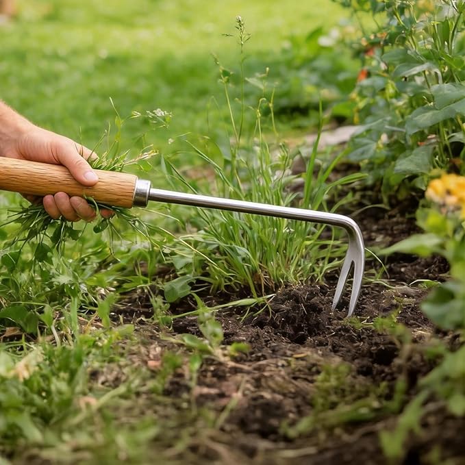 2 Pack Double Claw Root Hook Weeding Tool with Wooden Handle, Hand Weeder Tool for Garden Weed Removal, Manual Weed Puller for Deep Roots & Dandelions, Bonus Stainless Steel Single Claw Root Hook