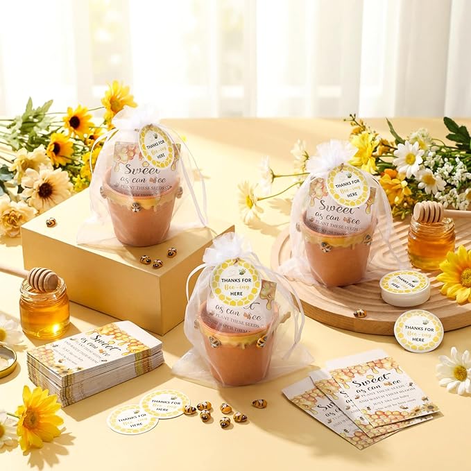 Ctosree 50 Sets Baby Shower Favors for Guests Sweet as Can Bee Seed Packets Include Self Adhesive Seed Packets Flowerpot Thank You Tags Organza Bags for Sweet Bee Baby Shower
