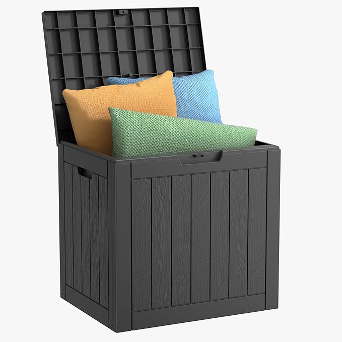 Vixzen 30 Gallon Resin Deck Box - Lockable Outdoor Storage for Patio Cushions, Garden Tools, Pool Supplies（Black，30 Gallon）