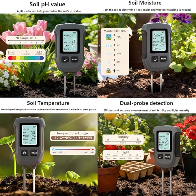5 in 1 Soil Tester,Ph/Moisture/Temperature/Efficiency/Light Intensity Function,Dual Probe,Lcd Display,Digital Plant Soil Moisturemeter for Gardens,Farms,Outdoor Plants