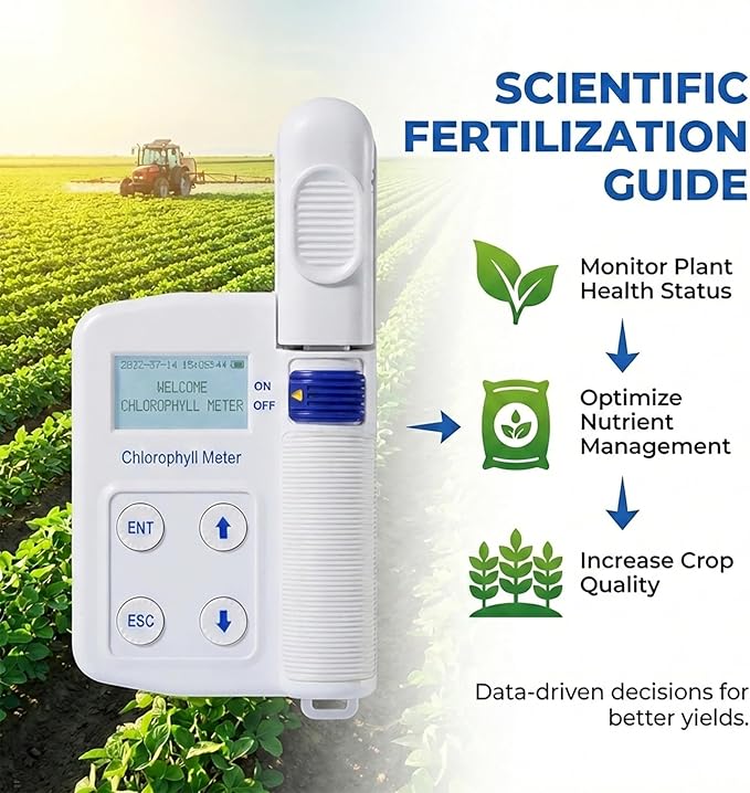 Chlorophyll Meter - Plant Nutrient Analyzer, 3-in-1 Non-Destructive SPAD Tester with Nitrogen & Leaf Temperature Sensor, 16GB Data Storage for Precision Agriculture