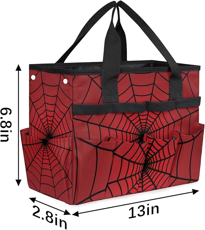 Gardening Tool Bag,Heavy Duty Garden Tote Bag,Portable Oxford Gardening Storage Basket Organizer Handbag with Pockets Handle,Hand Tools Gifts for Outdoor Garden Lawn Spiders Web Red