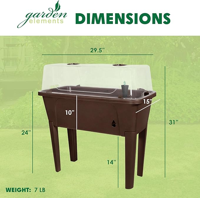 Garden Elements Brown Elevated Raised Garden Bed, 29.5" x 15" - Self-Watering Planter Box with Ventilated Grow Dome for Indoor/Outdoor Vegetables, Herbs & Seed Starting