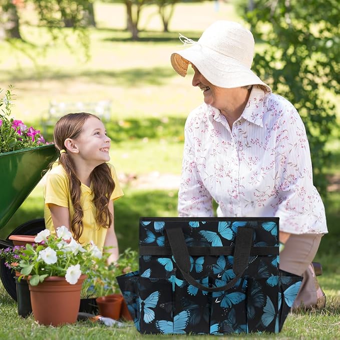 Butterfly Blue Gardening Tool Bag,Heavy Duty Garden Tote Bag,Portable Oxford Gardening Storage Basket Organizer Handbag with Pockets Handle,Hand Tools Gifts for Outdoor Garden Lawn Yard