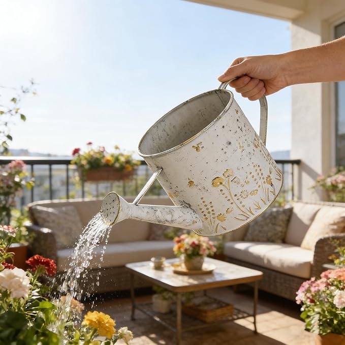 Vintage Metal Watering Can with Floral Embossed Design Garden Distressed White Decorative Watering Pot Planter Rustic Farmhouse Waterer for Home Indoor Outdoor Garden Balcony Courtyard (White#2)