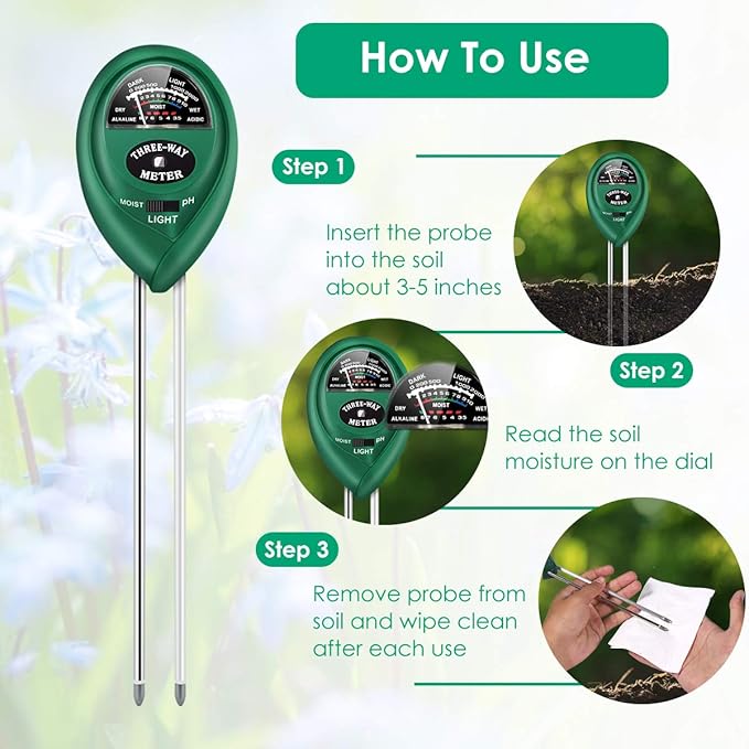 Soil PH Meter, 3-in-1 Plant Moisture/PH/Sunlight Tester Gardening Tool Testing Kits for Garden Care, Water Meter Garden, Lawn, Farm, Indoor&Outdoor Plants,No Batteries Required, Green
