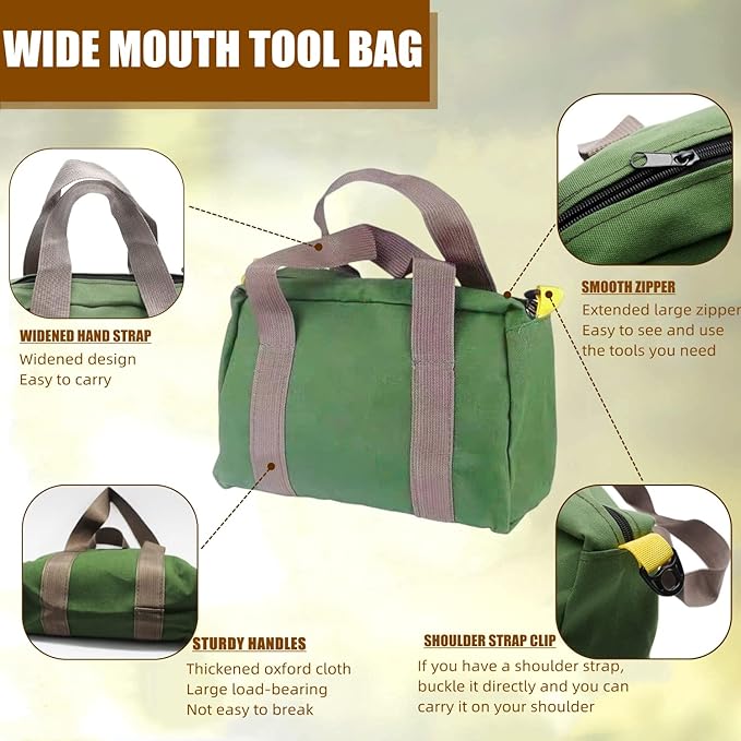 BLIRITEL 14 Inch Wide Mouth Tool Bag, Heavy Duty Canvas Tool Storage Bag, Large Capacity Handbag, Multi-function Tool Organizer Tote Bag for Storage Wrenches Pliers (Green, 14 Inch)