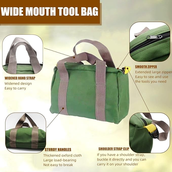 BLIRITEL 18 Inch Wide Mouth Tool Bag, Heavy Duty Canvas Tool Storage Bag, Large Capacity Handbag, Multi-function Tool Organizer Tote Bag for Storage Wrenches Pliers (Green, 18 Inch)