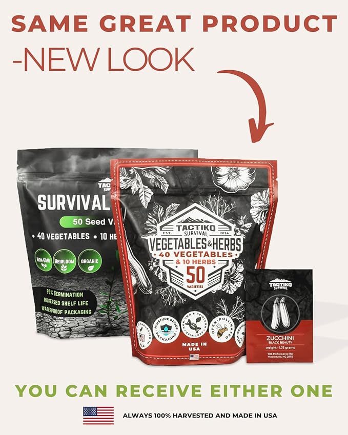 50 Tactiko Survival Vegetable, Herb & Fruit Seed Kit - U.S.A. Harvested Varieties - Over 35,000 Non-GMO Heirloom Seeds - Emergency Seed Vault in Waterproof Mylar Bag - Long-Term Storage