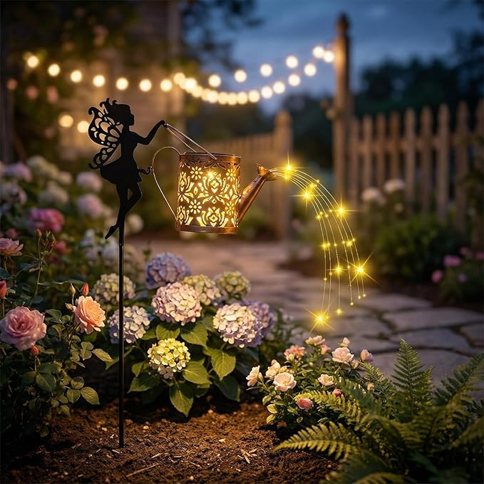 Solar Watering Can with Cascading Lights Outdoor Garden Decor,Waterproof Solar Lantern with Fairy Shepherd Hook,Solar Fairy Lights Outdoor Decoration,Unique Garden Gifts for Women