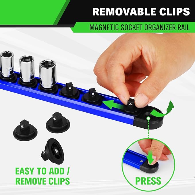1/4-inch Magnetic Socket Organizer Rail, Aluminum Alloy Socket Rail, Heavy Duty Sockets Holder with 14 Clips, 360° Swivel Clip Tool Tray, Sockets Organizer for Tool Box Drawer (Blue)