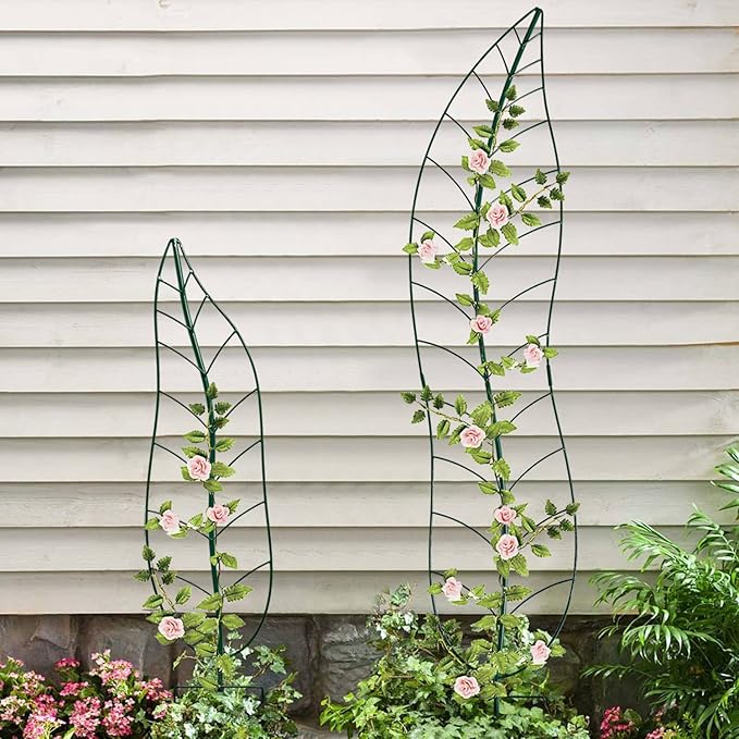 Garden Trellis Plant Support Trellis Green Leaf Trellis Garden Decoration for Climbing Vines Floral Metal Trellis Set of 2（Green）