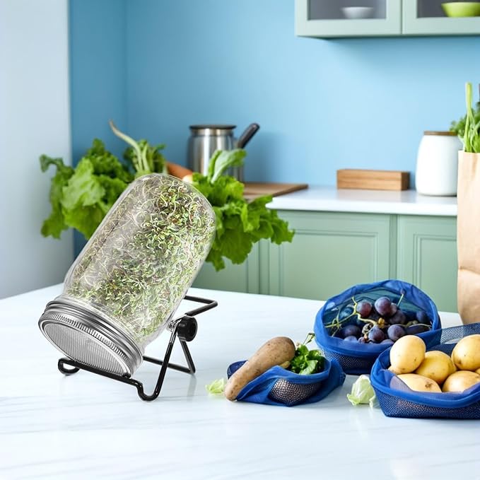 Kisangel Stainless Steel Sprouting Jar Kit with Mason Jar Stand and Lid for Seed Germination, 32oz Sprout Growing Accessories Set for Bean Alfalfa Microgreens