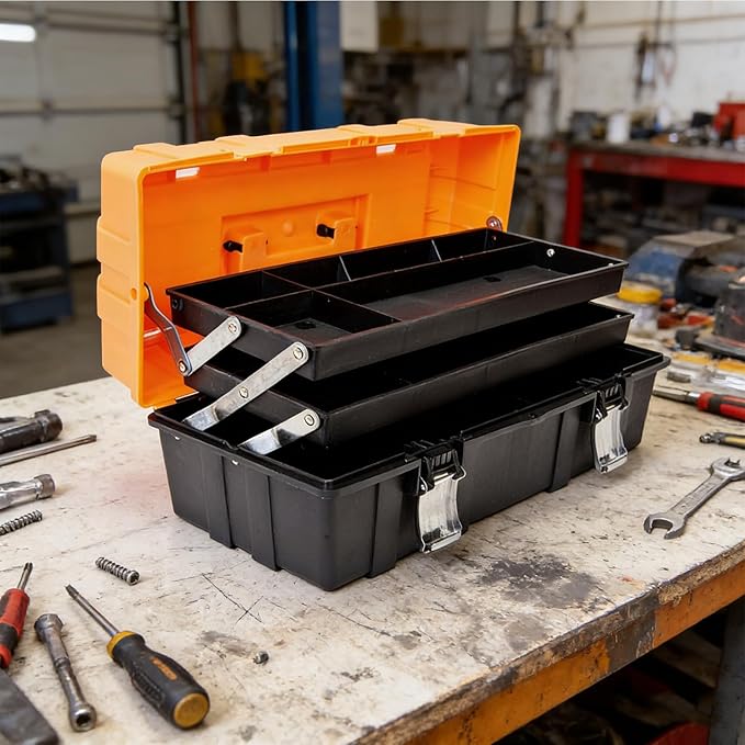 Jack Boss 17 Inch 3-Tier Portable Plastic Tool Box – Multi-Function Organizer, Black/Orange
