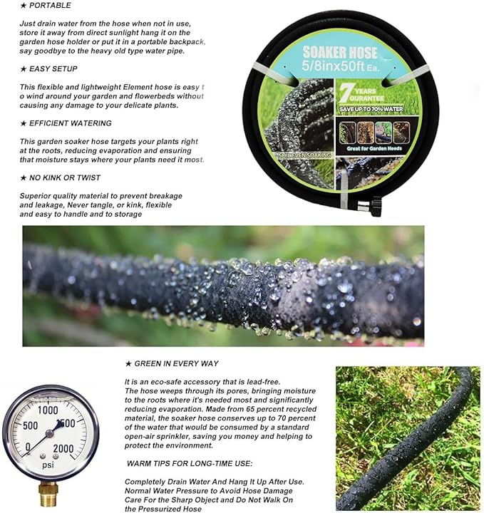 Soaker Hose with Connector 5/8in Diameter 25FT 50FT Black Garden Water Hose Flower Bed and Lawn Lightweight Hose (25FT)