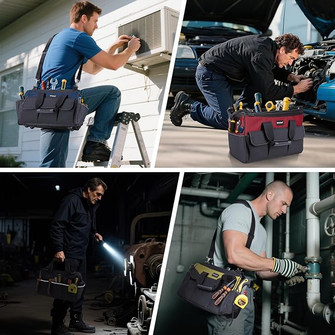 TICONN Tool Bag with Multi-Pockets Wide Mouth Tool Tote with Safety Reflective Straps, Adjustable Shoulder Strap and Ergonomic Handle (Yellow, 16" Standard Base)