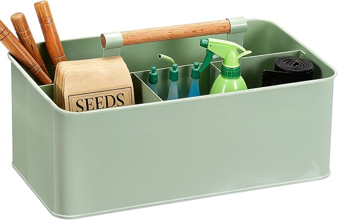 Garden Tool Organizer with Wooden Handle, Metal Garden Caddy with 4 Compartments, Gardening Tool Basket Cleaning Organizer Caddy for Indoor & Outdoor