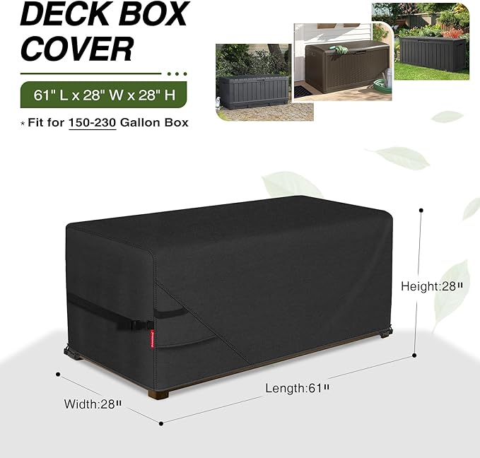 Porch Shield Patio Deck Box Storage Cover - 600D Outdoor Waterproof Cover for 150-230 Gallon Box Tear Resistant Rectangular Fire Pit Table Covers 62 x 29 x 28inch Black