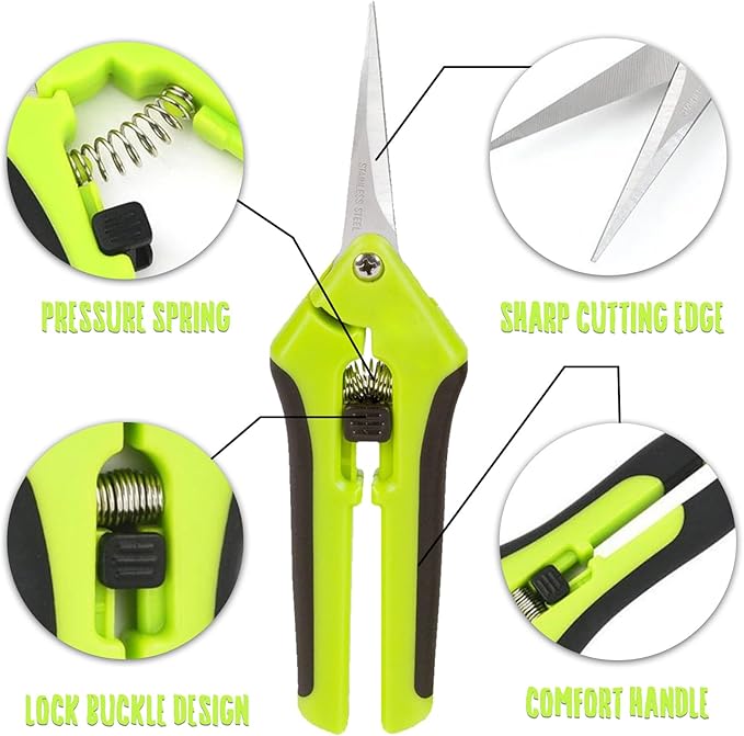 Green Micro Tip Garden Shears for Precise Trimming - Lightweight, Stainless Steel Hand Pruners, Flower Trimmers, and Bonsai Snippers
