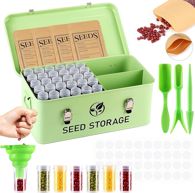 Seed Storage Organizer, Metal Seed Bank Gardening Saving Containers Box (Seeds not Included)