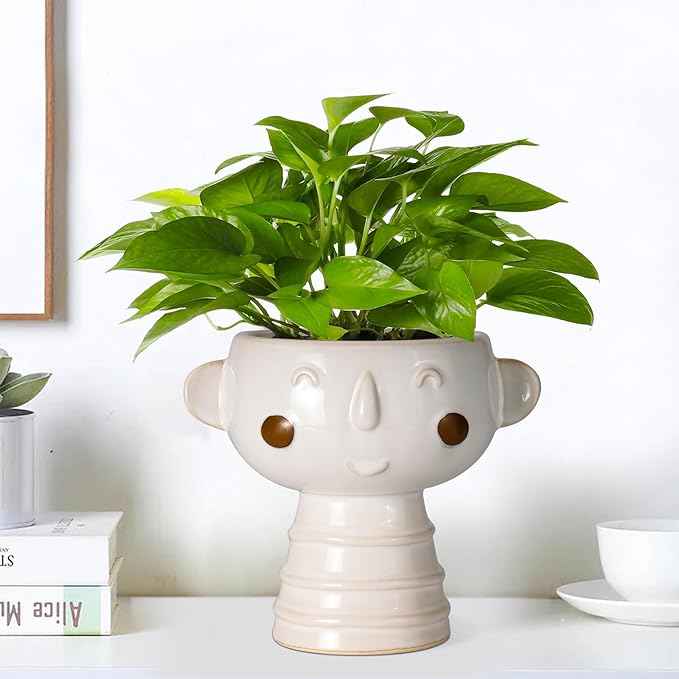 Head Planter for Indoor Plants - 7 Inch Ceramic Face Planter, Cute Succulent Pot with Drainage Hole, Indoor Outdoor Flower Plant Pot, Home Garden Decor, Gift for Plant Lovers, White