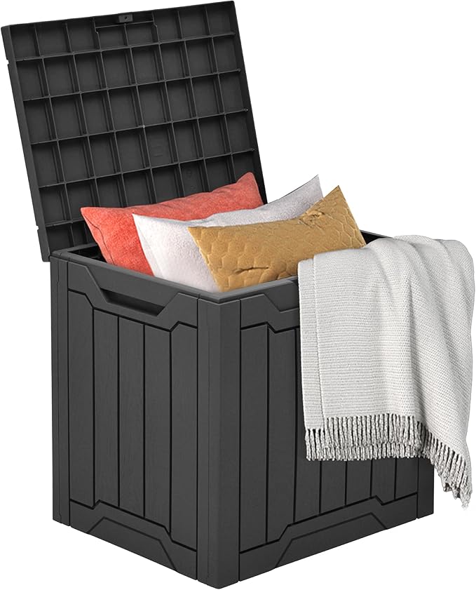 DWVO 30 Gallon Deck Box Outdoor Storage Box, Lockable Outside Storage Bin for Gardening Tools, Patio Cushions, Waterproof Resin (Black)