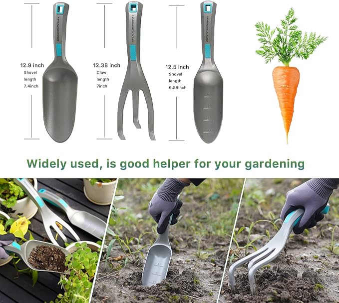 GOODSMANN Garden Tools Set, 3 Piece All One Piece Die-Cast Aluminum Gardening Kit, Hand Trowel, Marker Measurements Transplanter and Cultivator Garden Hand Shovel for Digging Weeding Planting