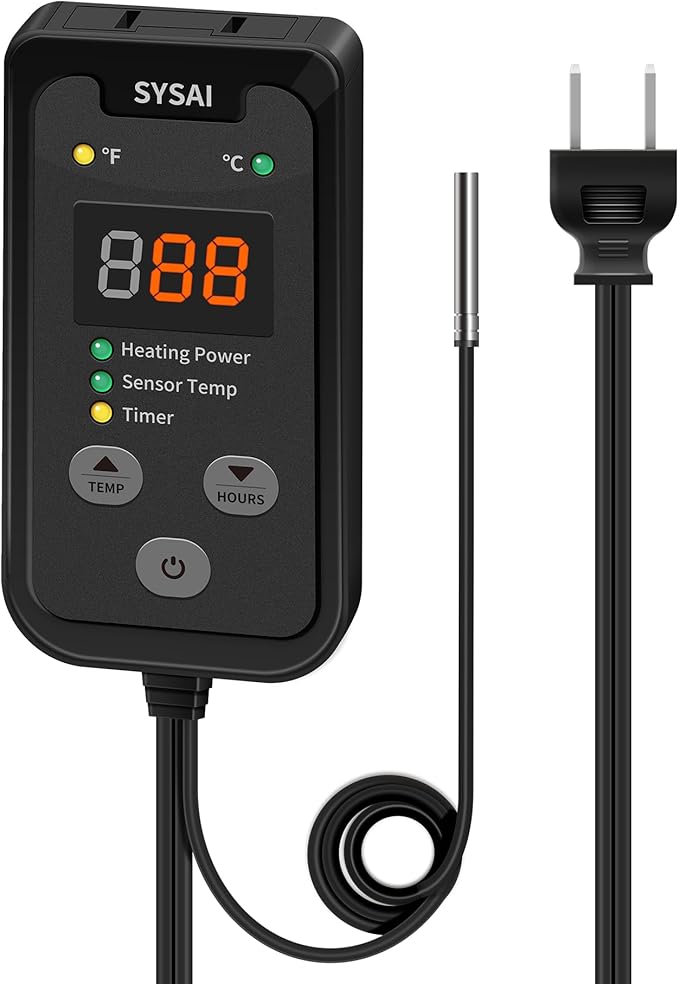 SYSAI Digital Thermostat Controller for Reptiles, Seed Germination, Breeding, Incubation and Small Greenhouse, 50-95°F, 1.5A 150W