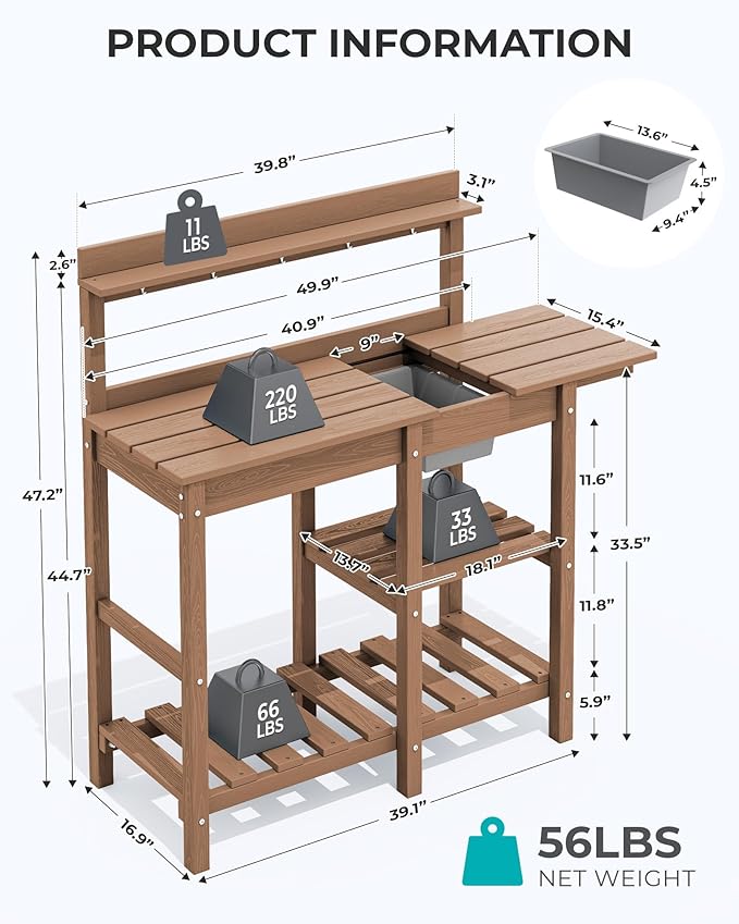 SERWALL Outdoor Potting Bench with Removeable Sink,Rot-Resistant HDPE Potting Table for Outside Gardening, All Weather Use - Brown