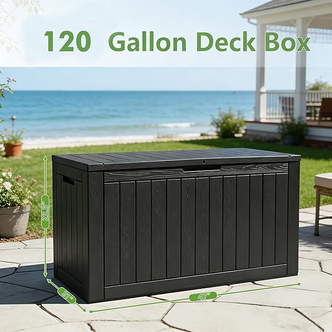 Oudoor Storage Deck Boxes Waterproof, Waterproof and UV Resistant Outdoor Storage Box Lockable Lid for Delivery Box, Indoor, Garden Tools, Pool Supplies, Patio (Black, 120 Gallon)