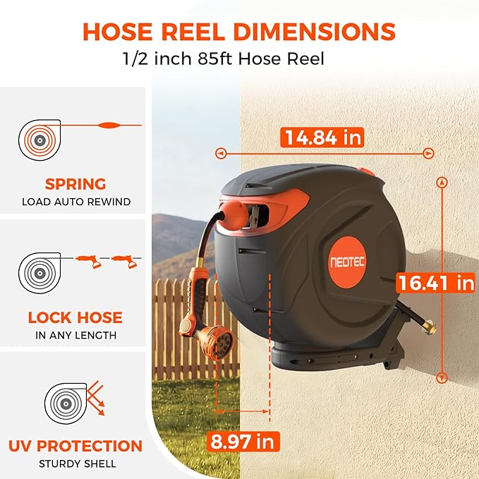 Upgraded Retractable Garden Hose Reel 1/2 inch x 85 ft Any Length Lock 9 Pattern Nozzle Wall-Mounted Automatic Slow Return 180° Swivel UV Resistant Heavy Duty Hose Reels for Outside