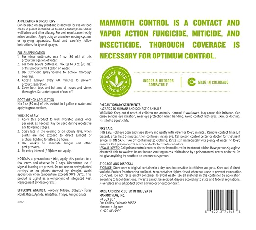 Mammoth Control - Concentrated Miticide, Fungicide and Insecticide - Made with Thyme Oil (1 Gallon)