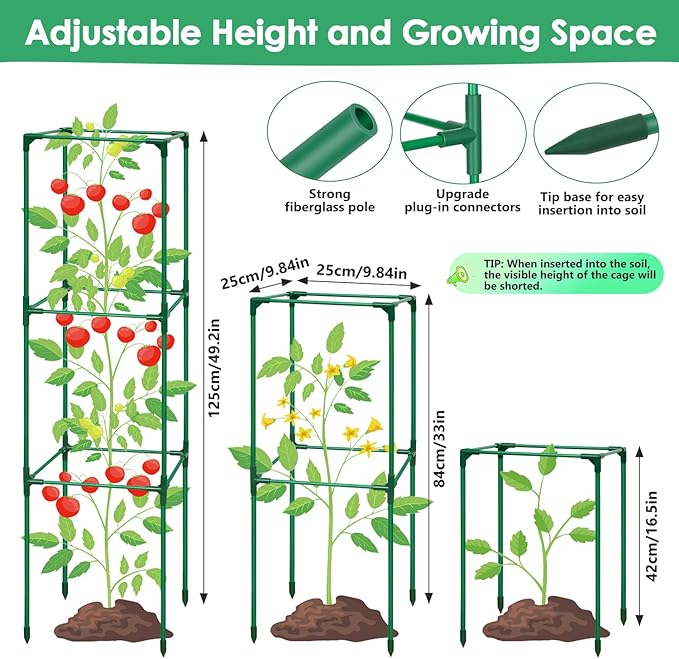 3 Pack Tomato Cages for Garden, Square Tomato Trellis with Grow Bags, 49 IN Tall Heavy Duty Tomato Plant Stakes Support Cages Trellis for Raised Beds Pots Garden Climbing Vegetables Flowers Fruits