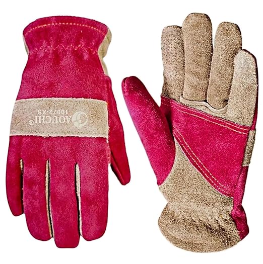 Leather Work Gloves for Women with Cotton Lining, Thorn Proof Gardening Gloves for TIG/MIG Welding, Construction (Rose Red, X-Small)