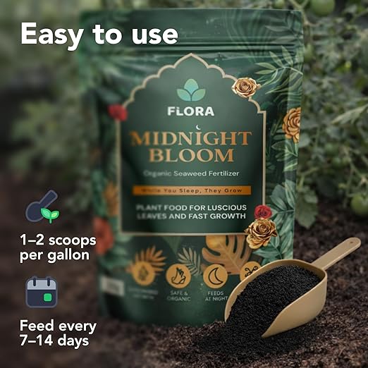 Flora Midnight Bloom Organic Seaweed Fertilizer Powder – 200g | Bio-Organic Plant Food for Indoor & Outdoor Plants | Fast Root Growth & Leaf Boost | Feeds at Night | 35+ Waterings